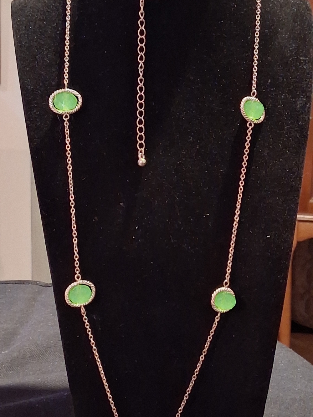 Vintage Gold Tone 36" Long Station Necklace with Faceted Translucent Green Stone
